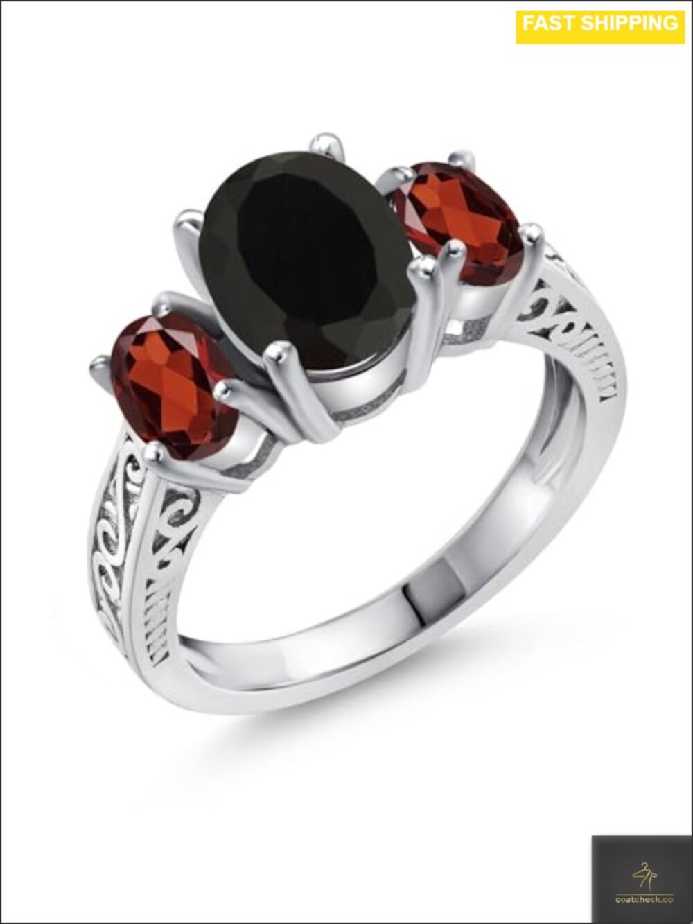 3 Stone Black Onyx & Red Garnet Ring 925 Sterling Silver Statement